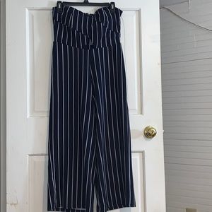 A blue and white striped, strapless jump suit !